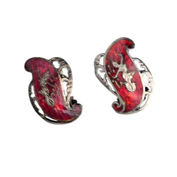 Siam Sterling Silver Red Enamel Goddess Clip-On Vintage Earrings - Picture 3 of 6